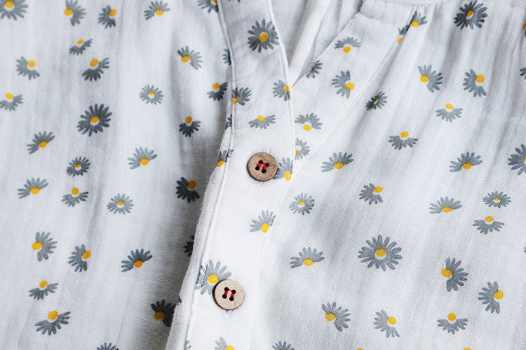 Women's Short Sleeve Cotton Yarn Print Stand Collar Shirt