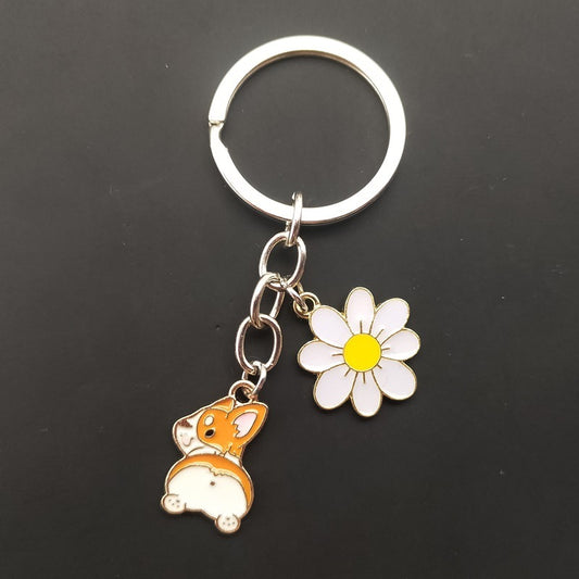 Cute Flowers Corgi Pet Animal Dog Lover Key Chain
