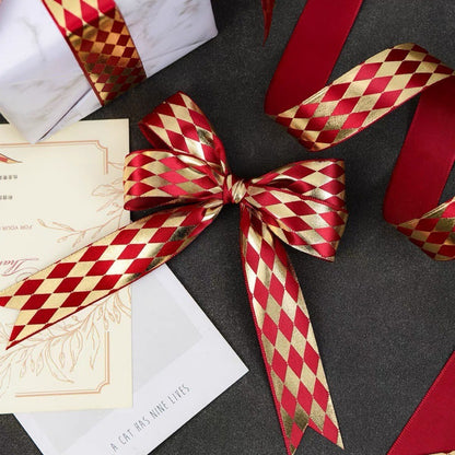 Red Bronzing Diamond Plaid Satin Baking Bow Ribbon