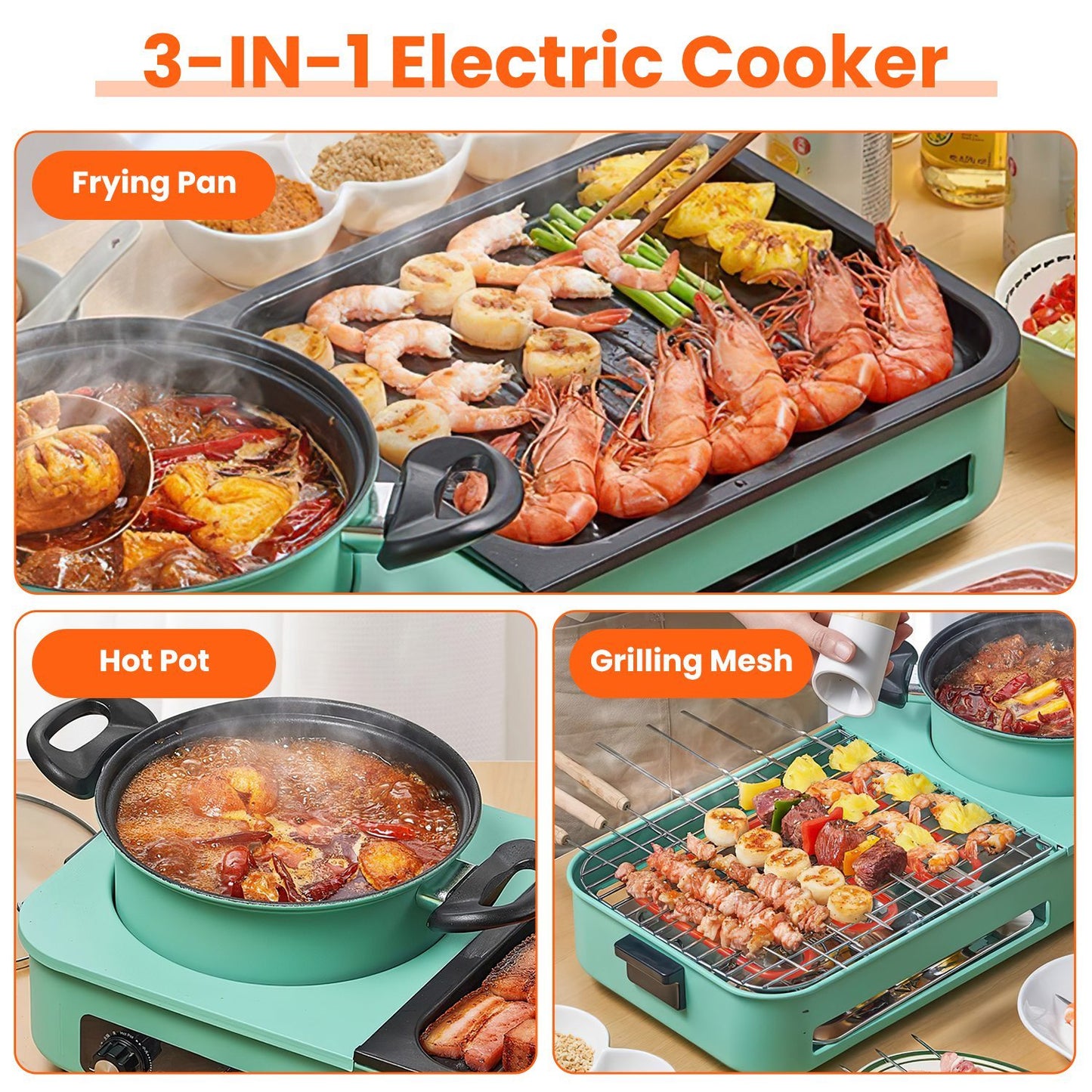 1Pc 3 In 1 Electric Hot Pot With Grill 1600W Smokeless Non-Stick Korean BBQ Grill Shabu Shabu Hot Pot Combo With Independent Temperature Control For 3-5 People Fedex Shipping