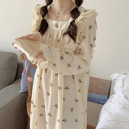 Cotton Yarn Home Wear Floral Flounce Square Collar Nightdress