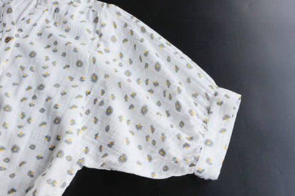 Women's Short Sleeve Cotton Yarn Print Stand Collar Shirt