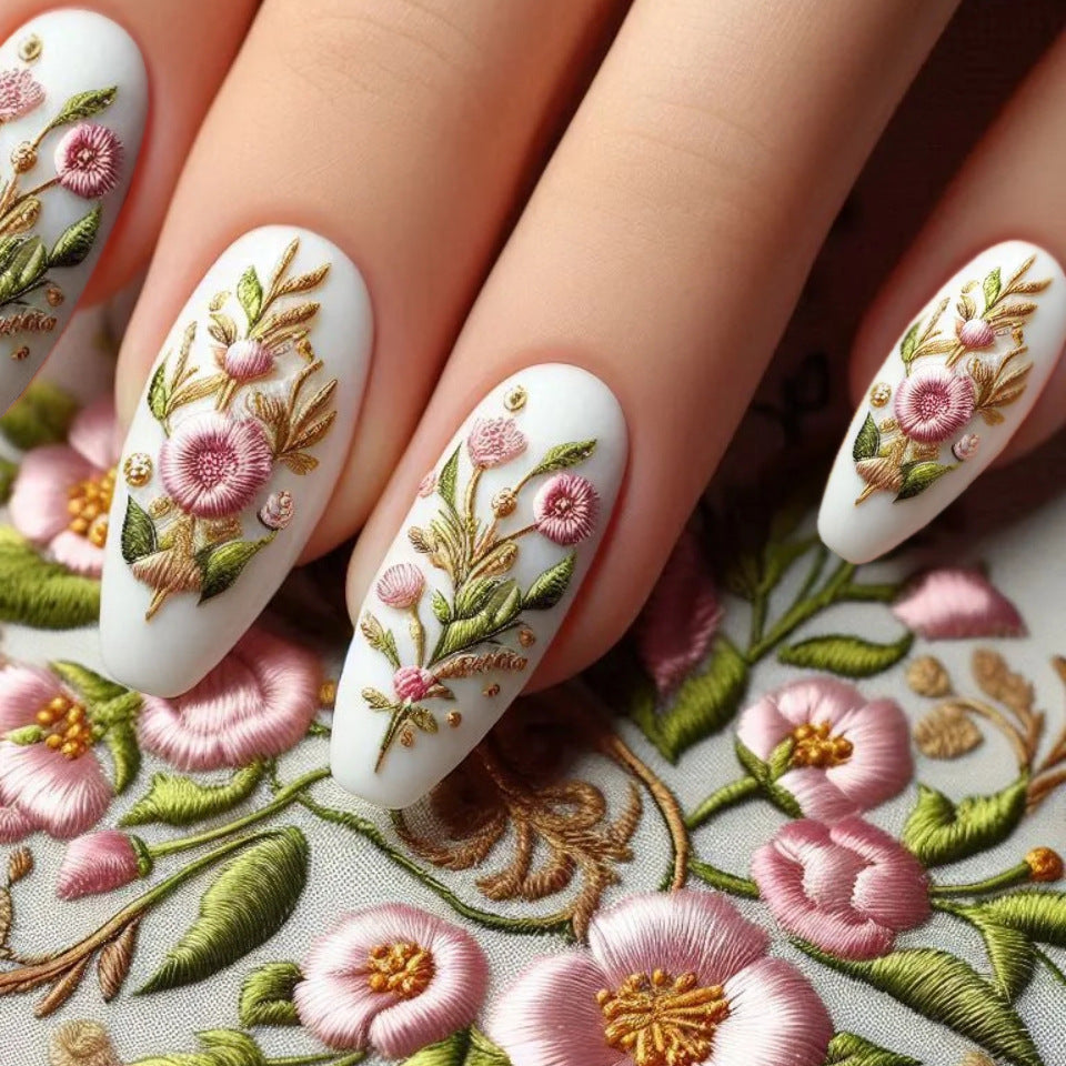 WM-146 Pastel Embroidery Fake Nails Short T National Style Flowers Expensive Temperament