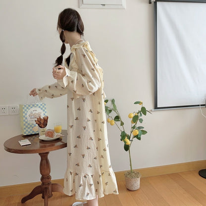 Cotton Yarn Home Wear Floral Flounce Square Collar Nightdress
