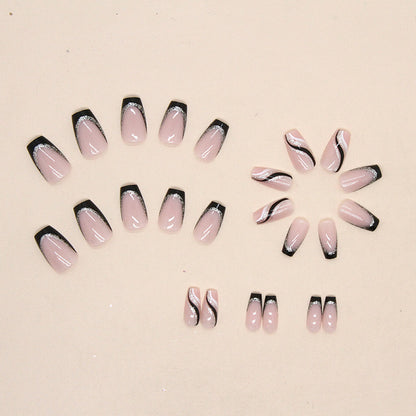 Mid-length Square Black Glitter French Nail Sticker