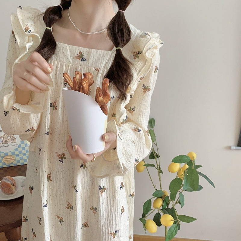 Cotton Yarn Home Wear Floral Flounce Square Collar Nightdress