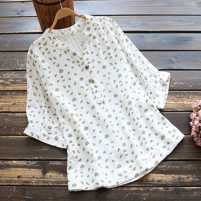Women's Short Sleeve Cotton Yarn Print Stand Collar Shirt
