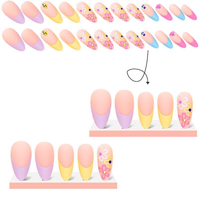 Rainbow Small Flower Wear Drop Shape Pointed Toe Nail Tip Rhinestone Wearable French