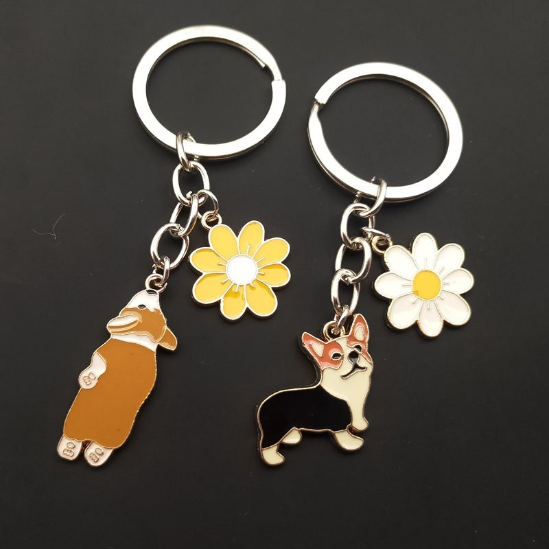 Cute Flowers Corgi Pet Animal Dog Lover Key Chain