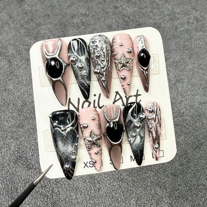 Dyed Nail European And American Long Pointed Nail Metal Hand Painted Ins Relief Sweet Cool
