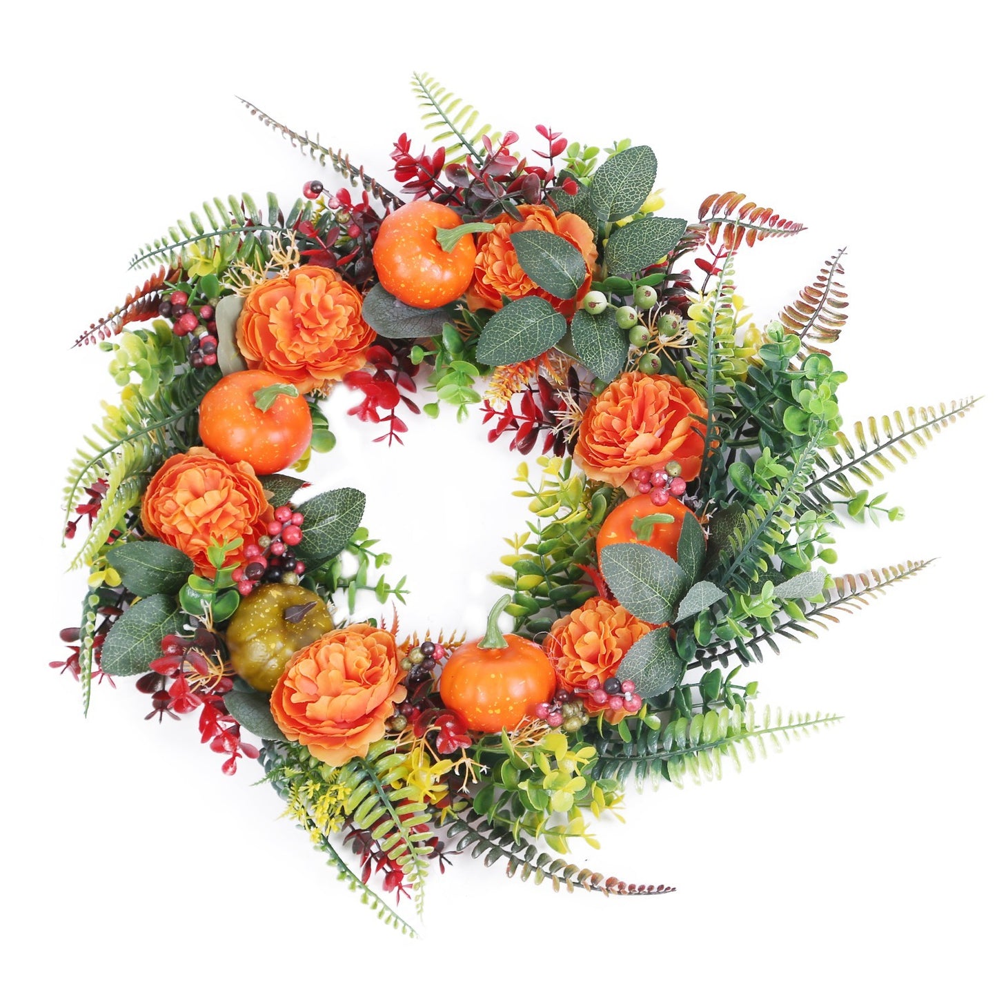 1Pc 17.71IN Autumn Wreath With Pumpkin Mixed Leaves Berries Flowers Fall Decoration For Indoor Outdoor Window Wall Front Door In Halloween Thanks Giving Day