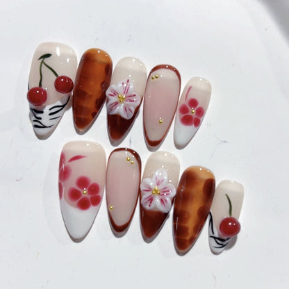 Amber Almond Nail Three-dimensional Carved Autumn And Winter Painted Cherry