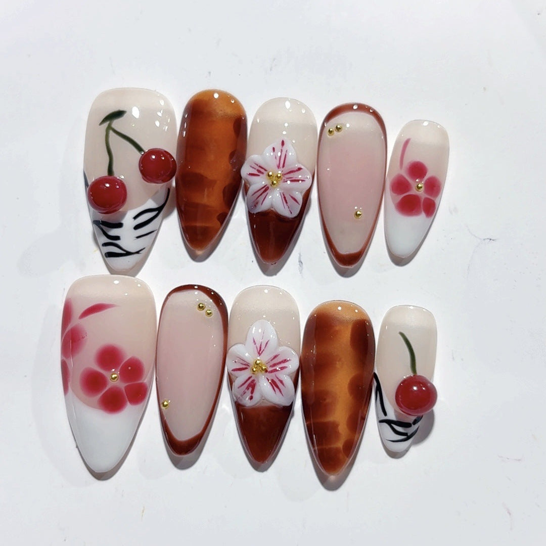 Amber Almond Nail Three-dimensional Carved Autumn And Winter Painted Cherry