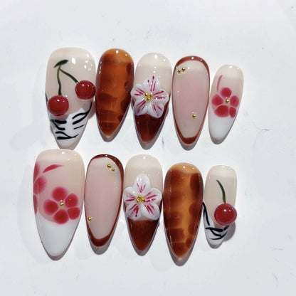 Amber Almond Nail Three-dimensional Carved Autumn And Winter Painted Cherry